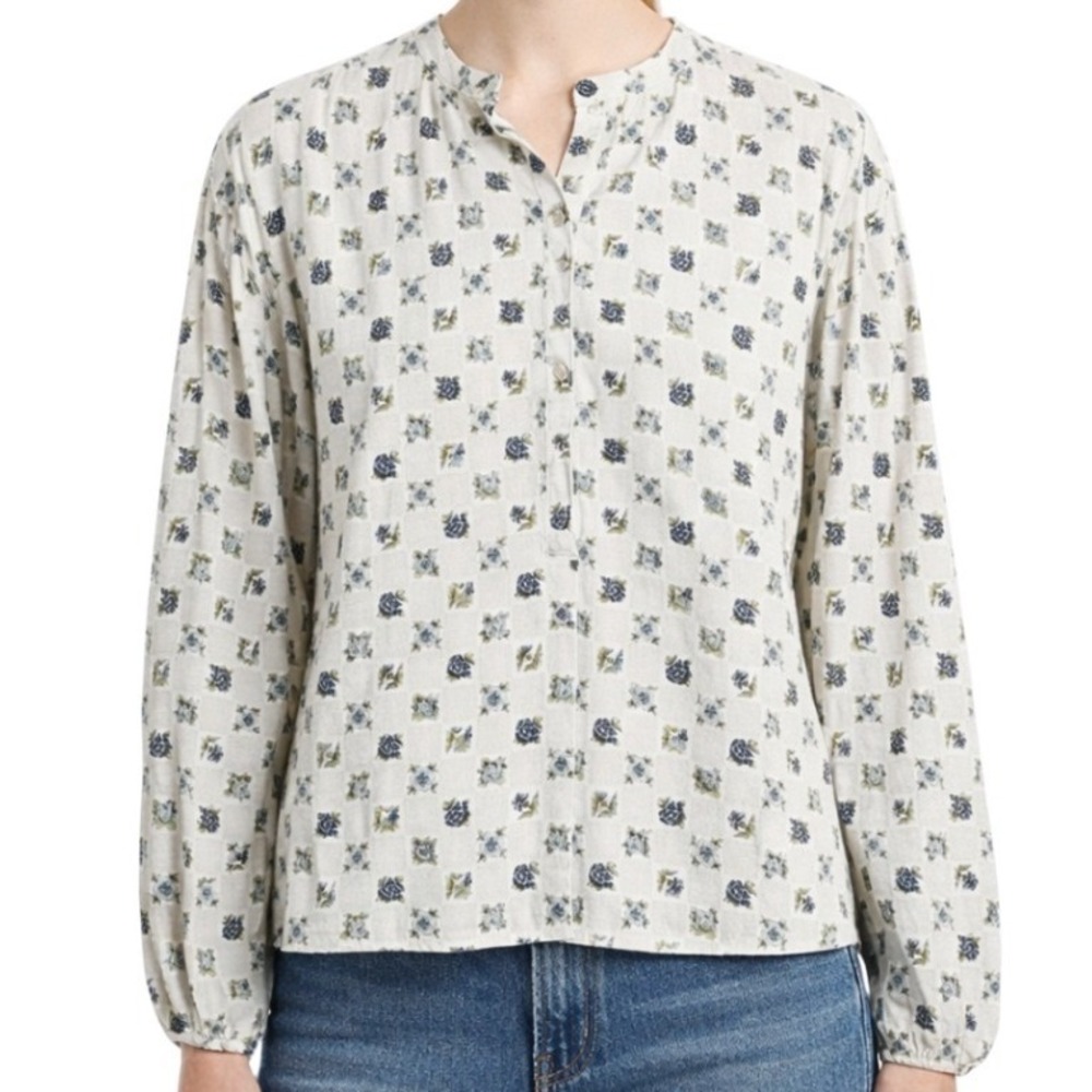 Universal Thread NWT Womens Cream Blue Floral Checkered Band Collar Blouse‎ Med